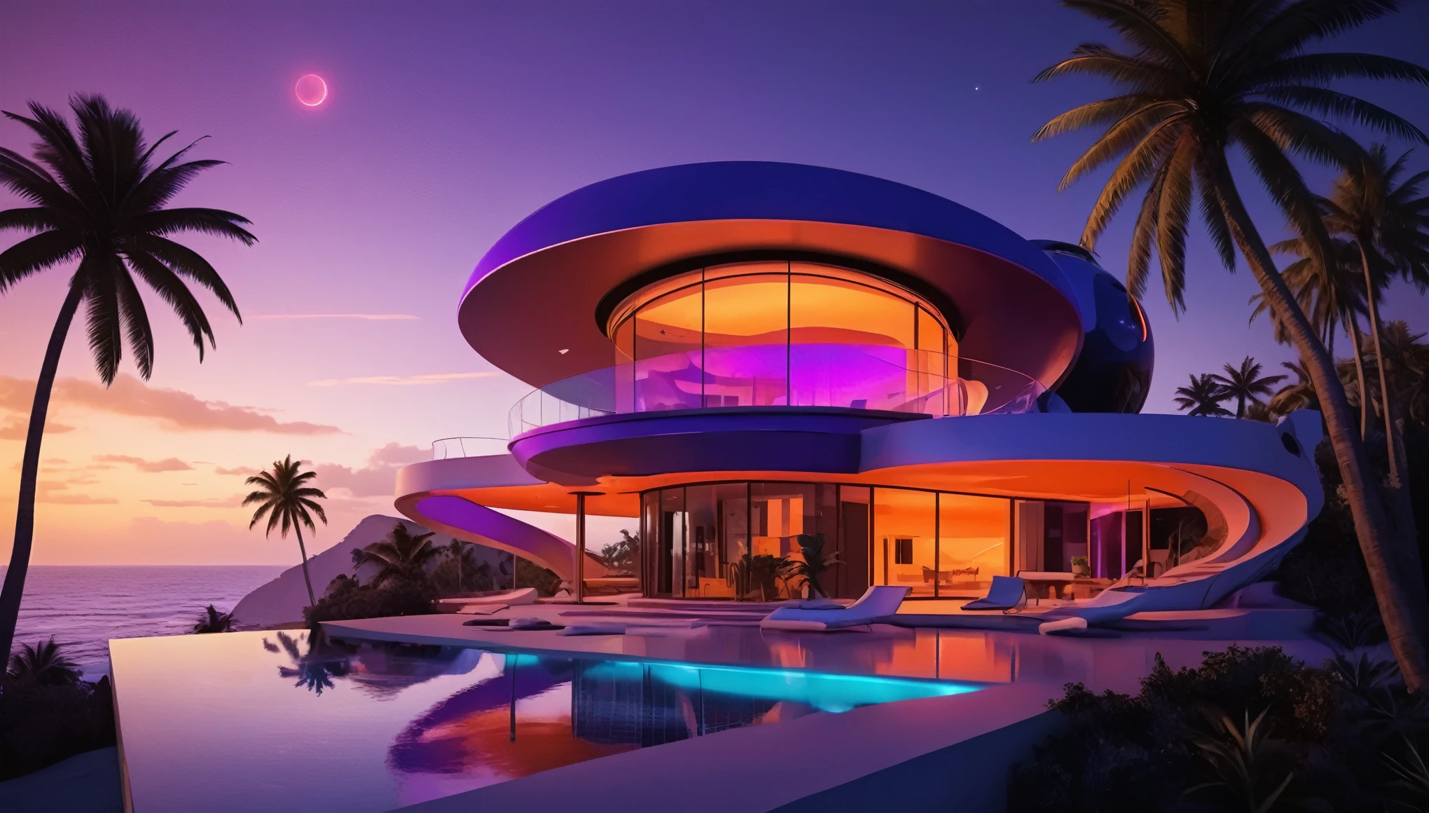 a futuristic multi-level house with a satellite dish for communications and antenna array on the rooftop, detailed furniture in house, at sunset, on the beach, palm trees, quarter blood moon. cgsocietywlop, beautiful curves, intricate devilish designs, qualia, interesting shapes & form, wow factor, elaborate polished, architectural rendering, miami, bioluminescent, colorfull, glow fluid, purple and orange soft lighting in interior of house, futuristic battlefield, inspired by James E. Brewton, precise architectural rendering. 8k