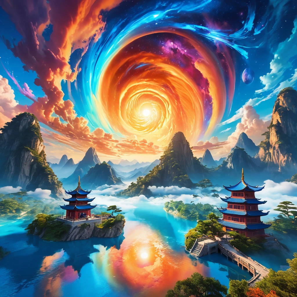 Envision a realm where the grandeur of Hindu mythology converges with enchanting magic, inhabited by creatures bearing both fairy-like delicacy and the charm of anthropomorphic animals. This captivating universe mirrors the ancient beauty of Chinese landscapes. colorful, colorful sky with a bright orange and blue nebula, twisted clouds, magic, (best quality,4k,8k,highres,masterpiece:1.2), ultra-detailed, studio lighting, ultra-fine painting, sharp focus, physically-based rendering, extreme detail description, professional, vivid colors, fantasy, Anime style, ImgFixerPre0.3