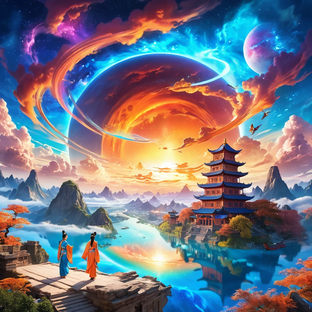 Envision a realm where the grandeur of Hindu mythology converges with enchanting magic, inhabited by creatures bearing both fairy-like delicacy and the charm of anthropomorphic animals. This captivating universe mirrors the ancient beauty of Chinese landscapes. colorful, colorful sky with a bright orange and blue nebula, twisted clouds, magic, (best quality,4k,8k,highres,masterpiece:1.2), ultra-detailed, studio lighting, ultra-fine painting, sharp focus, physically-based rendering, extreme detail description, professional, vivid colors, fantasy, Anime style, ImgFixerPre0.3