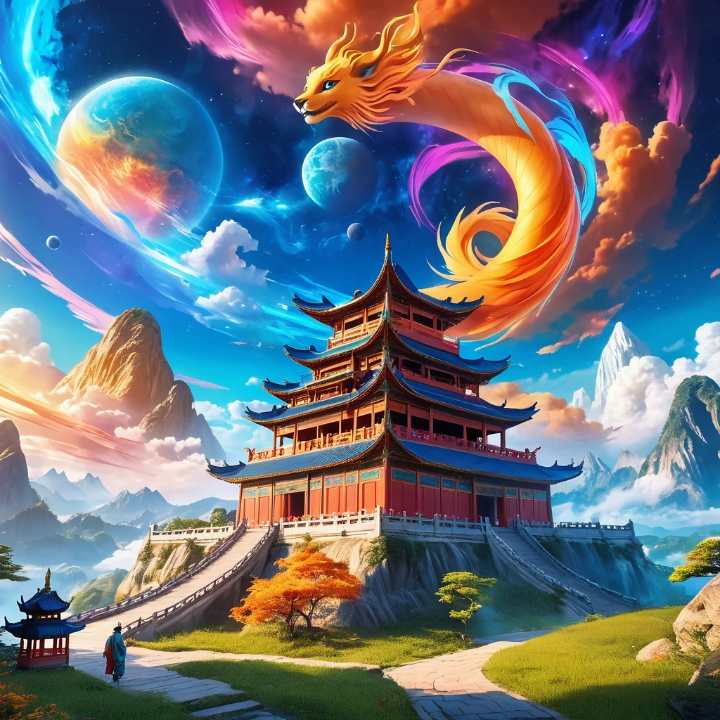 Envision a realm where the grandeur of Hindu mythology converges with enchanting magic, inhabited by creatures bearing both fairy-like delicacy and the charm of anthropomorphic animals. This captivating universe mirrors the ancient beauty of Chinese landscapes. colorful, colorful sky with a bright orange and blue nebula, twisted clouds, magic, (best quality,4k,8k,highres,masterpiece:1.2), ultra-detailed, studio lighting, ultra-fine painting, sharp focus, physically-based rendering, extreme detail description, professional, vivid colors, fantasy, Anime style, ImgFixerPre0.3