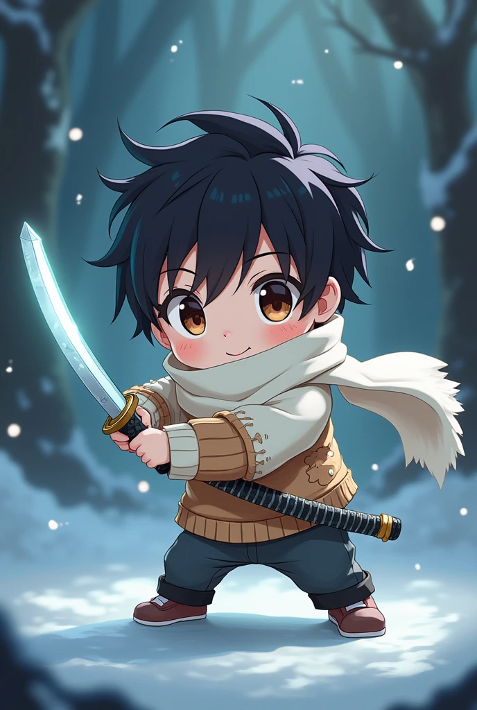 Anime chibi boy wears a white scarf and wears a white and brown sweater and uses a ghost katana