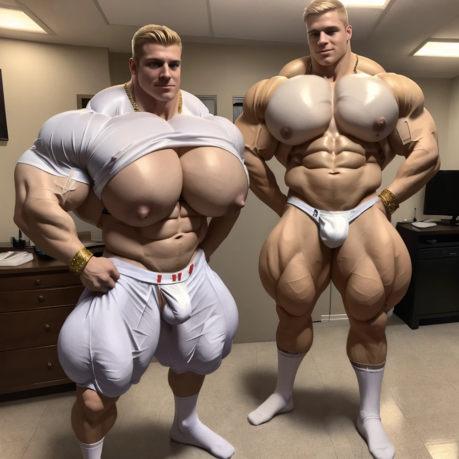 full body view, Two white european  bodybuilders flexing their biceps in a front double biceps pose. Shirtless wearing white underwear and white socks, no shoes. In a dorm room. Handsome. One blonde, one brunett. Wide muscled shoulders. Thick pumped pecs. Huge extremely over-sized big bulbous biceps.dozens of golden glittering necklaces, rings, and bracelets Admiring each others enormous muscles . their pecs are touching. . White lycra nylon socks must be seen