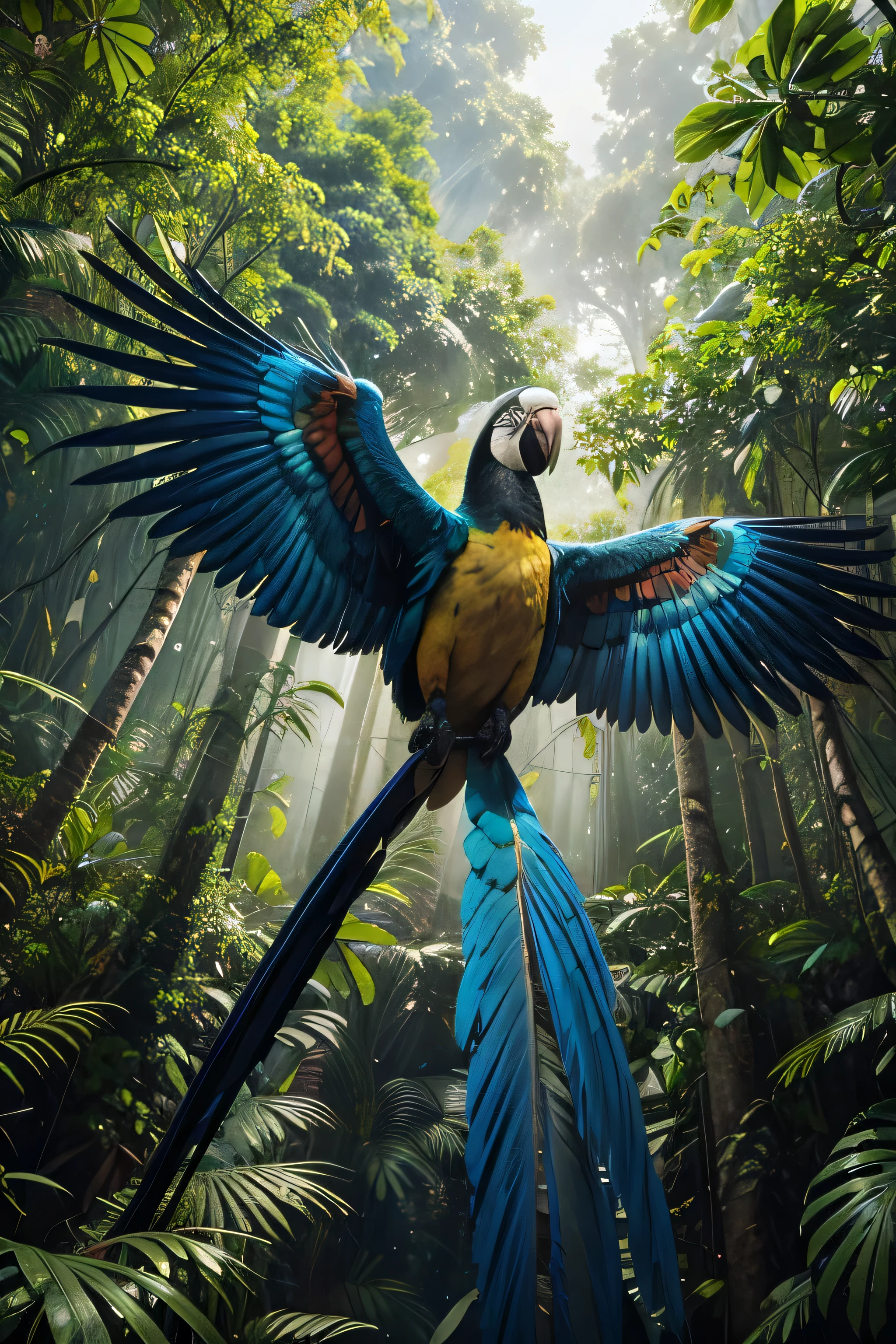 Create a cinematic high-definition image of a vibrant macaw flying over the dense Amazon rainforest. The scene should capture the majesty and vivid colors of the macaw with advanced detail. The rainforest should be depicted with rich tropical vegetation, including towering trees, lush leaves, and soft lighting filtering through the canopy, creating beams of golden light. The atmosphere should have a slight morning mist, adding depth and a sense of mystery to the scene. The macaw should be in mid-flight, its detailed and colorful feathers gleaming under the filtered light. The composition should be dynamic, with a viewpoint that highlights both the beauty of the bird and the vastness of the forest in the background.