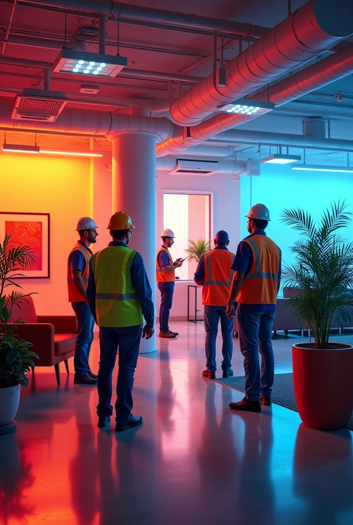 A photo where a profession engage in inspecting a office room site before installing air conditioners, a colorful place with vibrantt clrs