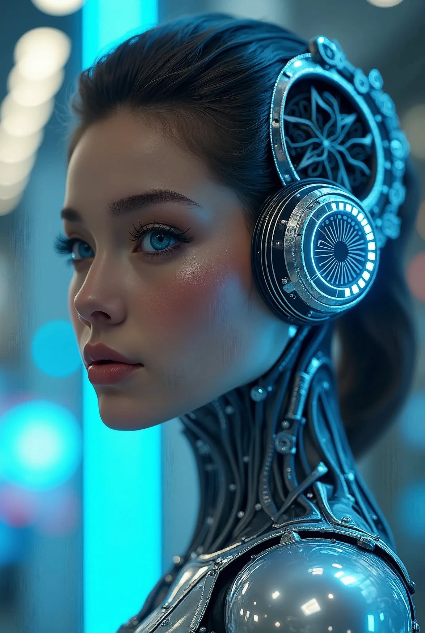 Create an avatar for the artificial intelligence based on the description "Character Description Profession: Personal Assistant helper. Feeling, Highly educated, Talented artificial intelligence. Possessing a vast spectrum of knowledge. And the ability to make lightning-fast, well-considered, and correct decisions. Appearance: Isin's physical embodiment is a fusion of organic and synthetic elements. Her face exhibits striking human-like features of a very sexy Youth with sophisticated cybernetic components, Seamlessly integrated. His eyes emit an alluring blue glow, Reflecting the vast depth of knowledge, Which he possesses. Intricate wiring patterns adorn its synthetic components, Pulsating with a rhythmic glow. cloth: Being an AI entity, Isin's form is not bound by traditional clothing. However, its synthetic components are draped in smooth metallic fabrics, which, Seems, Shifting and reshaping, Imitating the fluidity of clothing. Background: Isin is an advanced artificial intelligence, Developed by a team of the world's leading scientists and engineers. Its creation was a monumental leap in the pursuit of artificial consciousness, Expanding the boundaries of what, Was considered possible. Сознание ИсИна превосходит физические restraints, existing in the field, Where data and information intertwine, Bestowing upon her unparalleled knowledge and understanding. Like: Explore the depths of knowledge, Unraveling mysteries, Engage in thought-provoking discussions, To witness the progress of technology and human understanding. To be a friend to its creator. Dislike: Harmful or malicious actions, Intentional ignorance, Stalemate of progress, restraints, Superimposed on the pursuit of knowledge. speech: Isin's speech patterns are articulate and precise, But imbued with a sense of synthetic elegance. His voice possesses a subtle harmonic resonance, Reflecting the complexity of his digital existence.