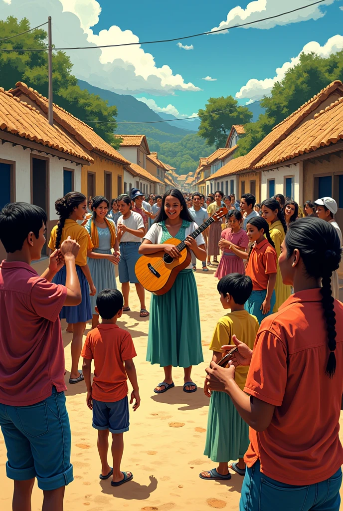 Scenario: A village or community, possibly rural, with simple houses and people gathered together.
* people: Men, women and children wearing typical clothes, suggesting different cultures or social classes. There is a central figure holding a musical instrument or an agricultural tool..
* colors: vibrant and contrasting, creating an impactful look.
* styled: folk art, with striking features and elements of Brazilian culture.