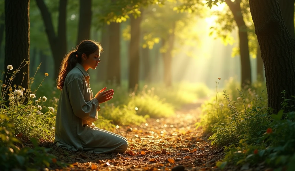 The scene takes place in a lush forest, where the soft sunlight penetrates through the treetops, creating a play of light and shadow on the leaf-covered ground. En el centro de la imagen, a contemplative character, of serene expression, is kneeling in a small clearing, with eyes closed and hands open, as if receiving a divine blessing. Ao redor dele, a gentle breeze makes the leaves dance, symbolizing the "soul cooling".

No fundo, a dirt path intertwined with wildflowers stretches, representing the "paths of justice". As the gaze drifts away, you can see a golden light in the distance, suggesting a destiny of hope and love, reflecting the idea of being guided "for the love of your name". The atmosphere is charged with a sense of peace and spirituality, evoking deep emotions that invite the viewer to reflect on the meaning of faith and justice.