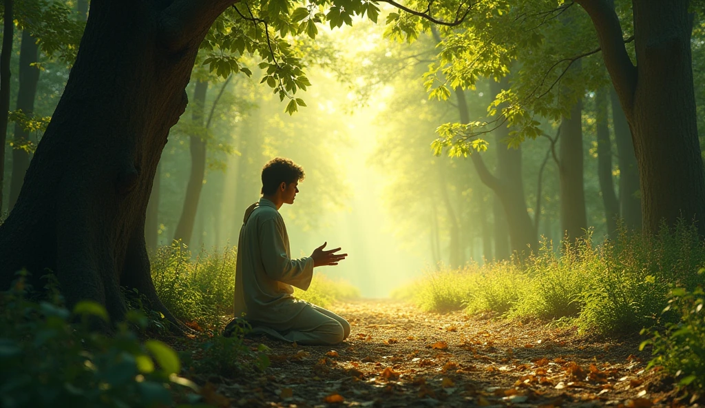 The scene takes place in a lush forest, where the soft sunlight penetrates through the treetops, creating a play of light and shadow on the leaf-covered ground. En el centro de la imagen, a contemplative character, of serene expression, is kneeling in a small clearing, with eyes closed and hands open, as if receiving a divine blessing. Ao redor dele, a gentle breeze makes the leaves dance, symbolizing the "soul cooling".

No fundo, a dirt path intertwined with wildflowers stretches, representing the "paths of justice". As the gaze drifts away, you can see a golden light in the distance, suggesting a destiny of hope and love, reflecting the idea of being guided "for the love of your name". The atmosphere is charged with a sense of peace and spirituality, evoking deep emotions that invite the viewer to reflect on the meaning of faith and justice.