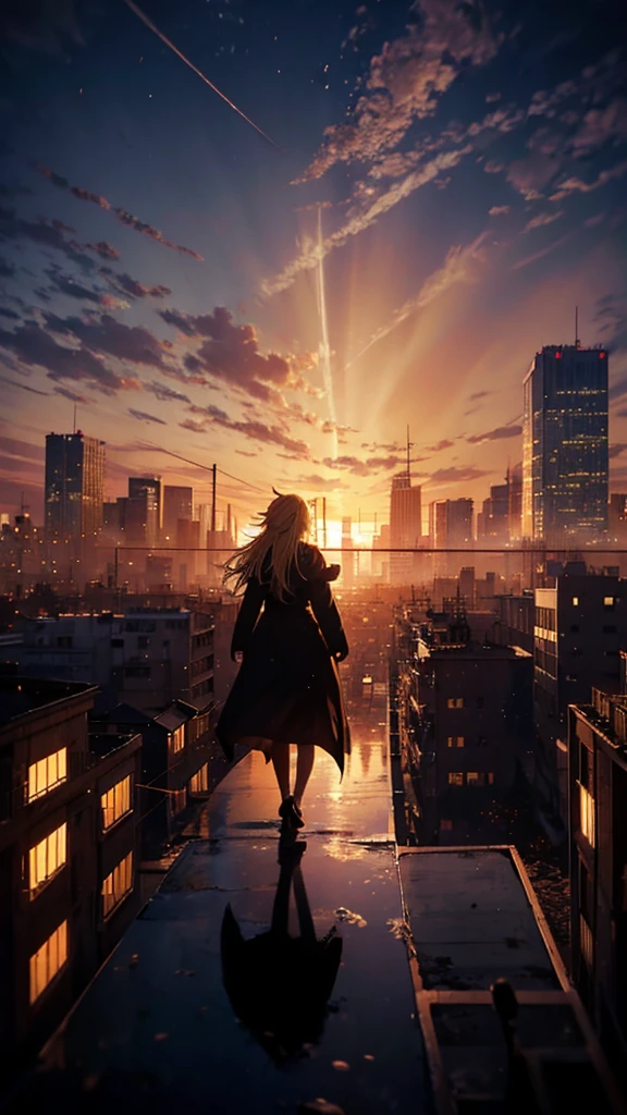 1people々々々々,Blonde long-haired woman,Long coat, Dress Silhouette, Rear View, Anime Style, The city of rubble seen from the rooftop,Countless missiles covering the sky,