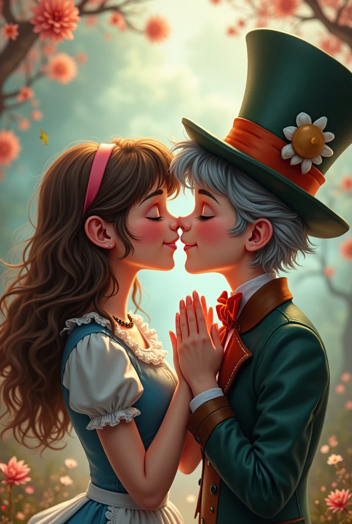Teenage Alice with brown hair and cute teenage boy with gray hair , giving each other a kiss and the Hatter clapping