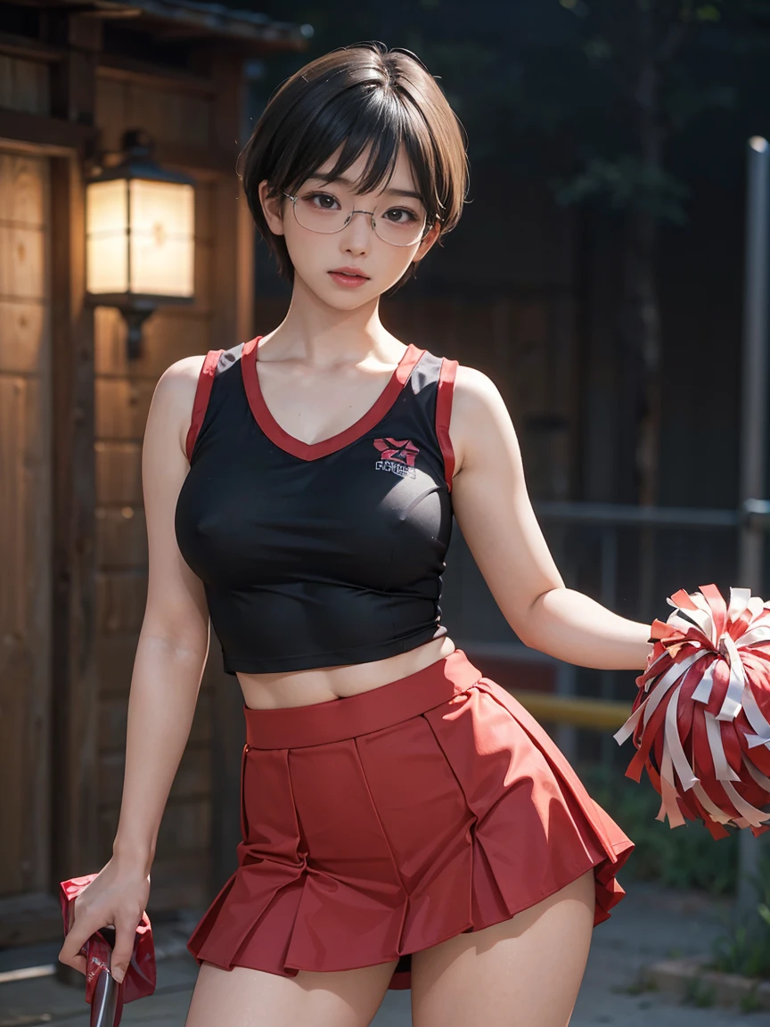 8k, RAW Photos, Highest quality, masterpiece, Realistic, Realistic, (1 Ultimate beauty), 野球cheer leading部,(Strictly adhere to a composition where only one person appears in the photo)、(At the baseball stadium)(Wear rimless glasses)((Female Cheerleader))(cheer leading) (((Bold-colored sleeveless shirt and flared skirt)))Highly detailed face, (Perfect Teeth), fine grain, double eyelid, eyelash, Lip details, (((Black hair pixie cut)), (((Very large breasts)))Big Breasts,(((Accentuate your cleavage)))(((Squat)))(((Squat姿勢)))((Sexy pose))(((It emphasizes the crotch..)))Cowboy Shot, Soft Light, ((Written boundary depth))
Proceed with caution,((, Japanese women)), (((moderately fleshy body, Tight waist))), (((Front view, Realistic))Front view