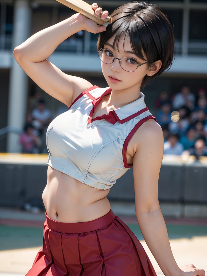 8k, RAW Photos, Highest quality, masterpiece, Realistic, Realistic, (1 Ultimate beauty), 野球cheer leading部,(Strictly adhere to a composition where only one person appears in the photo)、(At the baseball stadium)(Wear rimless glasses)((Female Cheerleader))(cheer leading) (((Bold-colored sleeveless shirt and flared skirt)))Highly detailed face, (Perfect Teeth), fine grain, double eyelid, eyelash, Lip details, (((Black hair pixie cut)), (((Very large breasts)))Big Breasts,(((Accentuate your cleavage)))(((Squat)))(((Squat姿勢)))((Sexy pose))(((It emphasizes the crotch..)))Cowboy Shot,  Soft Light, ((Written boundary depth)) 
Proceed with caution，((, Japanese women)), (((moderately fleshy body, Tight waist))), (((Front view, Realistic))Front view