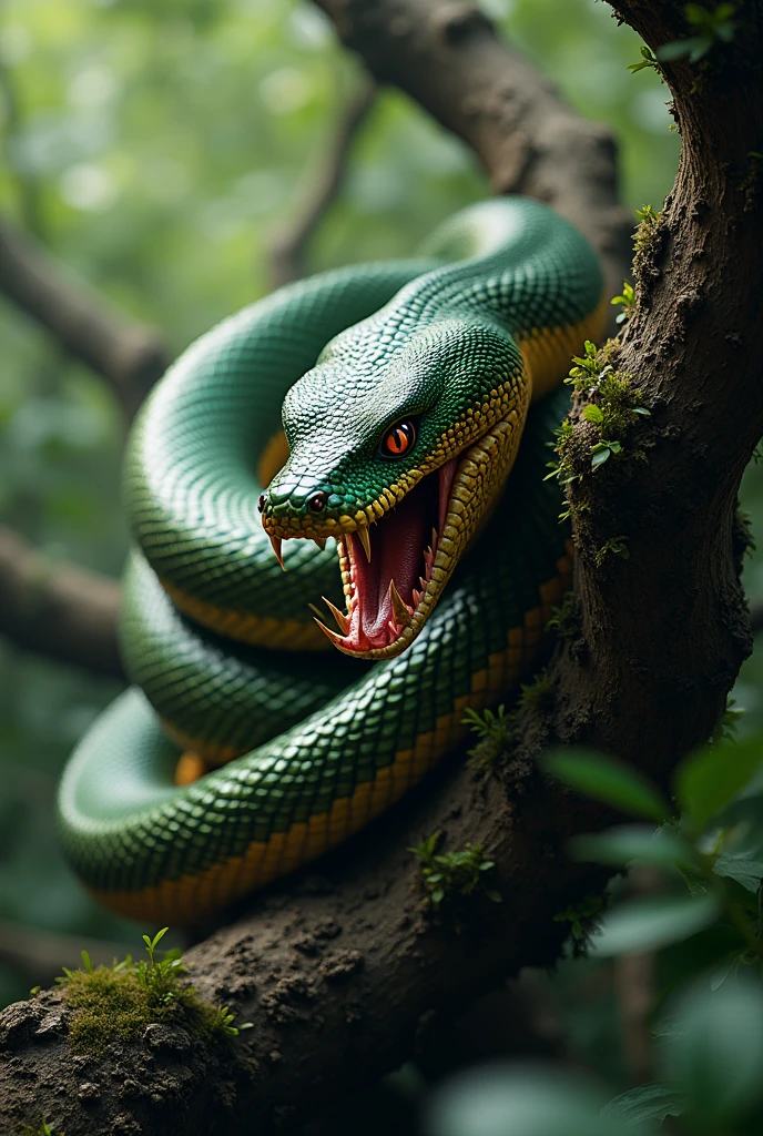 Snake slithering over a branch, hissing so fiercely that you can see its fangs.