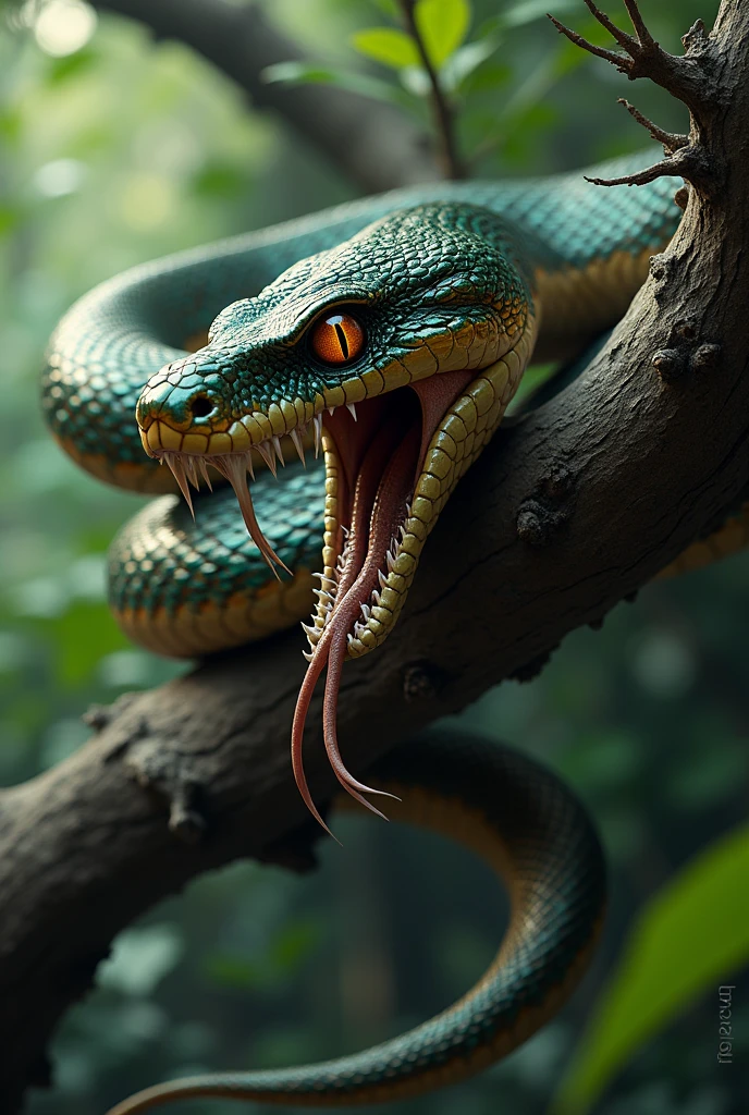 Snake slithering over a branch, hissing so fiercely that you can see its fangs. 