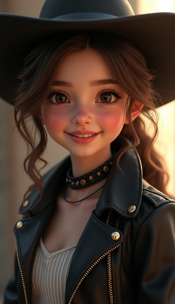girl(masterpiece, best quality:1.2), cowboy shot, solo, 1girl, detailed beautiful eyes, detailed beautiful lips, extremely detailed face and features, long eyelashes, komori met, cheerful smile, looking at viewer, black headwear, jacket, long sleeves, leather gloves, intricate details, cinematic lighting, realistic, photorealistic, high resolution,big tits