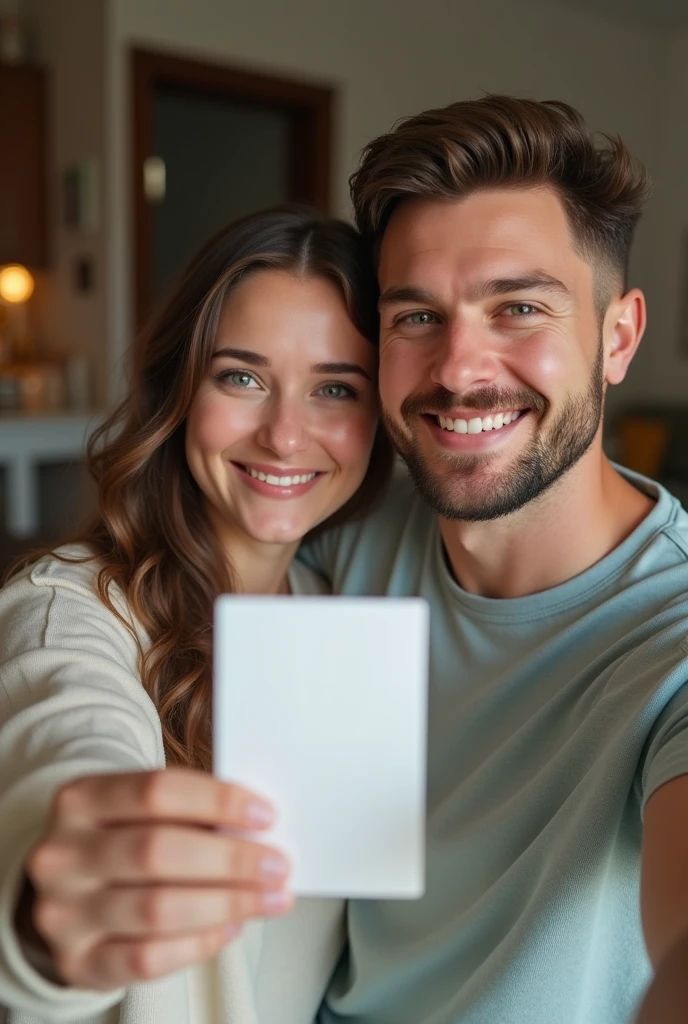 (photorealism:1.2), 

An caucasian american young straight couple are taking a selfie at home. They are white, with common smiling face and expressive eyes. A little fatty. They are holding a blank small poster. Deep depht of field. Sharp focus. 