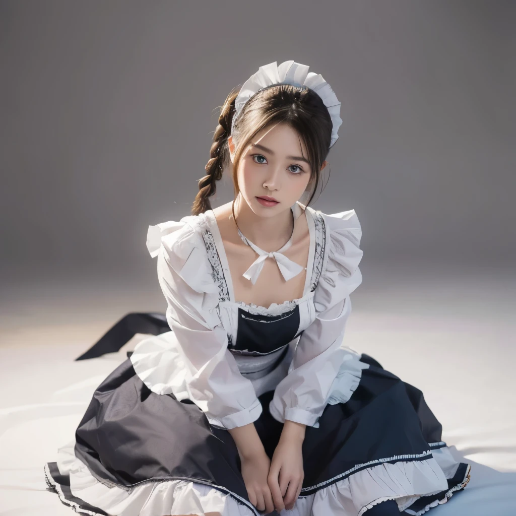 Best quality, super high resolution, photo reproduction, photo of a beautiful woman, 14yo teenage age, detailed face, black Dutch braid with twist, (detailed porcelain doll, delicate clothes with lots of frills and ribbons), mansion pool, (face close-up), seductive look, looking at the viewer, not wearing clothes, showing