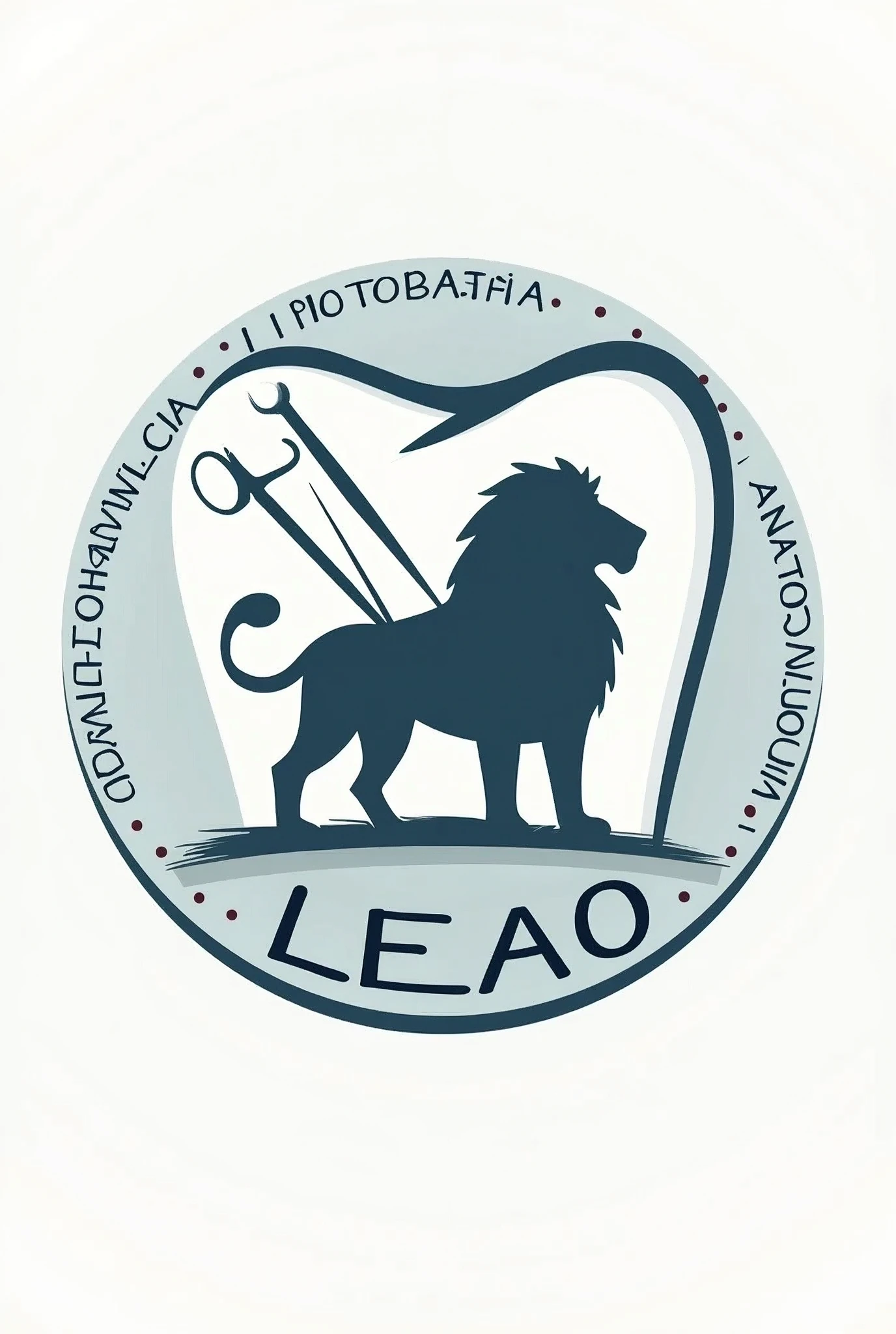 I would like an art about a league that has the silhouette of a lion in front a tooth with dental instruments, it should be something that represents a more neutral and clean image with light colors,
It should have the shape of a ball. Also wrapped around the image, it says LIGA-ACADÊMICA DE ESTOMATOLOGIA E ANATOMIA ODONTOLÓGICA.. Below written LEAO