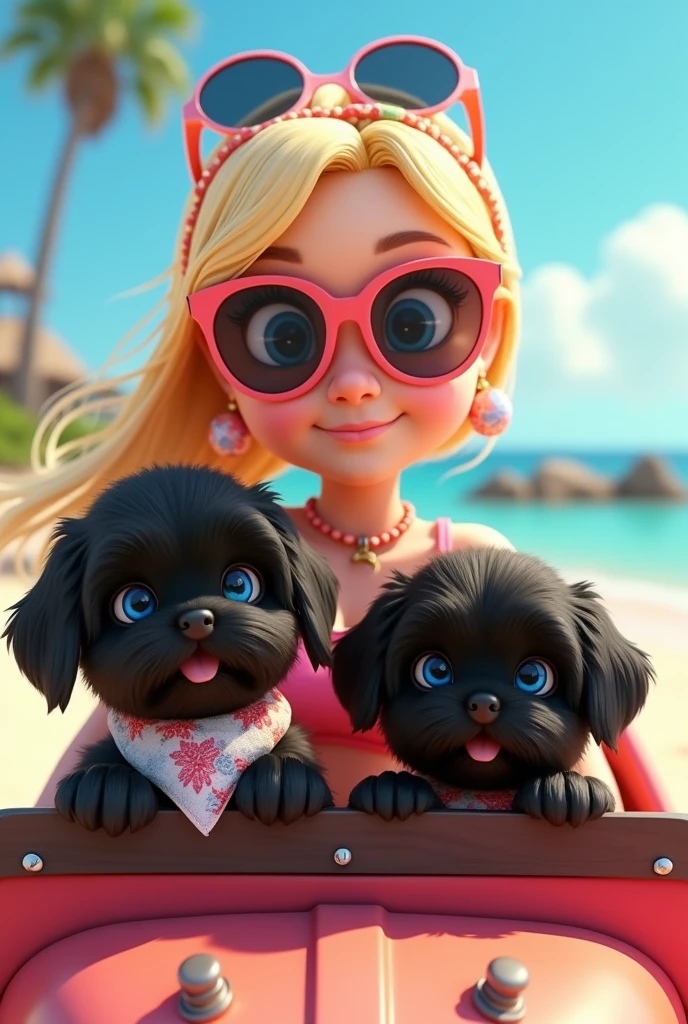 2 adorable black shih tzu puppies,cute blonde girl,extremely detailed,big blue eyes,colorful collar and bandana,wearing sunglasses,driving beach jeep,3D Pixar style,beach scene,photorealistic,(best quality,8k,highres,masterpiece:1.2),ultra-detailed,(realistic:1.37),HDR,vivid colors,studio lighting