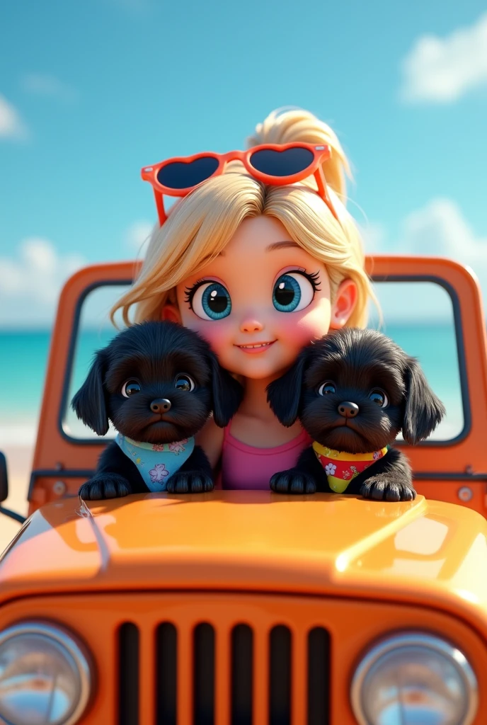 2 adorable black shih tzu puppies,cute blonde girl,extremely detailed,big blue eyes,colorful collar and bandana,wearing sunglasses,driving beach jeep,3D Pixar style,beach scene,photorealistic,(best quality,8k,highres,masterpiece:1.2),ultra-detailed,(realistic:1.37),HDR,vivid colors,studio lighting