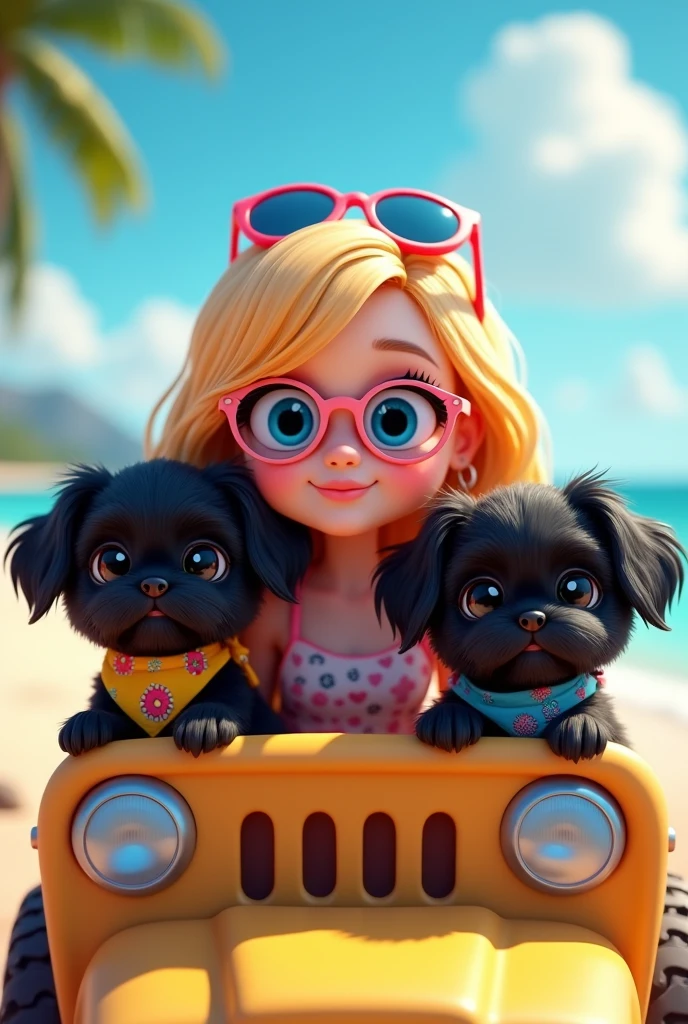 2 adorable black shih tzu puppies,cute blonde girl,extremely detailed,big blue eyes,colorful collar and bandana,wearing sunglasses,driving beach jeep,3D Pixar style,beach scene,photorealistic,(best quality,8k,highres,masterpiece:1.2),ultra-detailed,(realistic:1.37),HDR,vivid colors,studio lighting