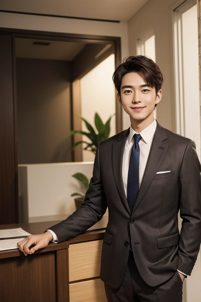 (Masterpiece、Perfect handsome man), (A man in his 30s, Brown short hair, smile), (secretary, suit), President&#39;s office, Modern Office,