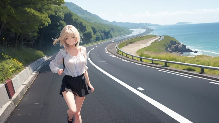 A lightly dressed woman rides in an open car、Please draw an illustration of someone running along a road by the sea.。The woman&#39;s expression is cheerful、In the background you can see the white sand beach and the crashing waves of the ocean.。Expresses a scene that captures a refreshing summer moment.。