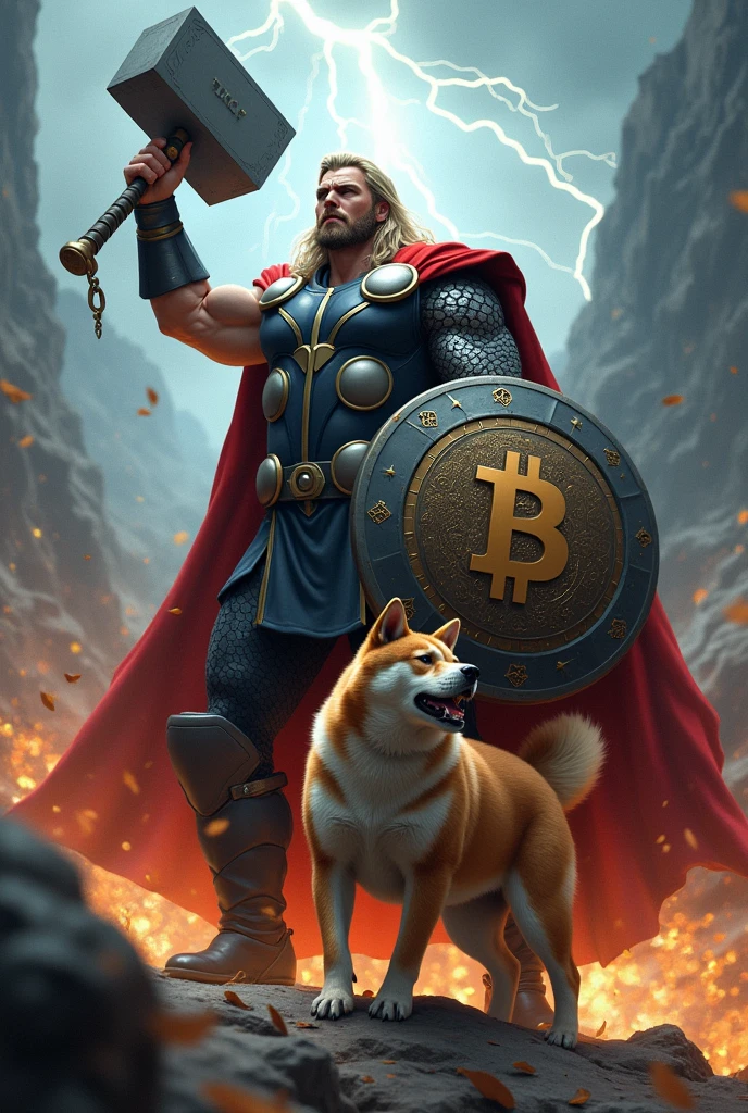 Generate an image of Thor with his hammer and Bitcoin shield defeating a bear, with your Shiba Inu dog with Dog Shield, a trending cryptocurrency market
