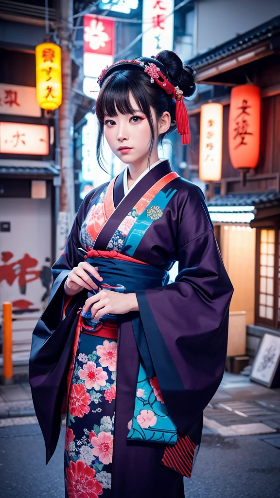 Japanese traditional clothing, Katsushika Hokusai Style, (cyber punk) (neon)