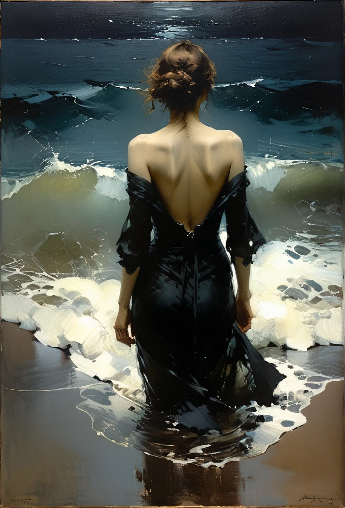 of the sea. Masterpiece. Best quality. Beautiful cinematic impressionistic painting, Dark dramatic character, of the seain the style of Jeremy Mann and Charles Dana Gibson, Mark Demsteader, Paul Hedley. of the sea