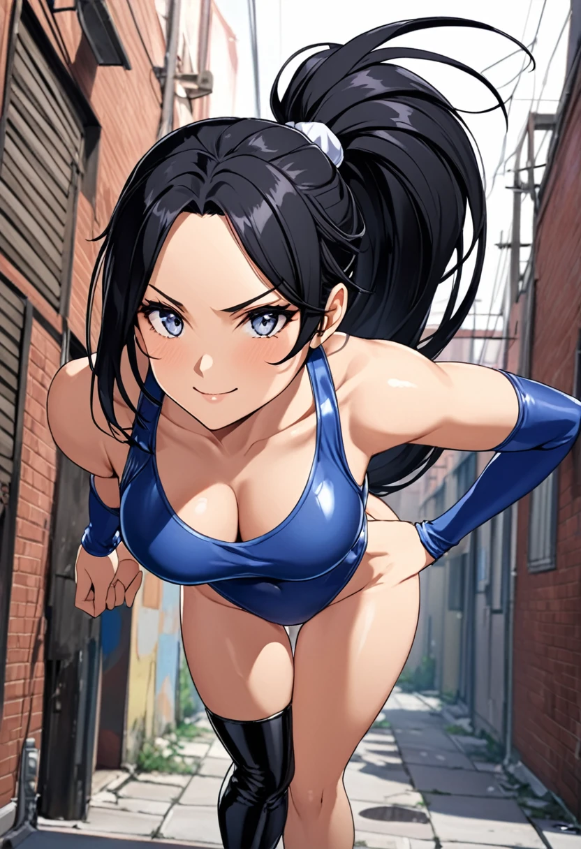 {Highest quality}{1 female, 25 years old}{Fighter}{Black Hair、Long Hair、ponytail}{forehead、Forehead}{Big Breasts}{Grey Eyes、Slanted Eyes、Squint your eyes}{Black leather-look low-rise shorts、Knee-high boots}{Shoulder Bare}{strong}{alley}Parted bangs, {High leg}{A seductive smile}{Blue leotard}