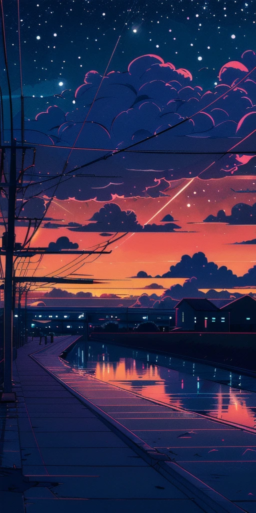 Retro_neon, cloud, null, No humans, scenery, Outdoor, Power lines, sunset, star (null)