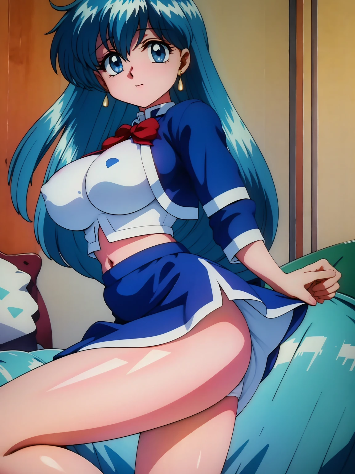 (masterpiece, Highest quality:1.2), Tiangong Gui, 1 girl, Lonely, Subtle blue hair color,  mini skirt, (skirt lifted by self:1.2), white panties, pov
