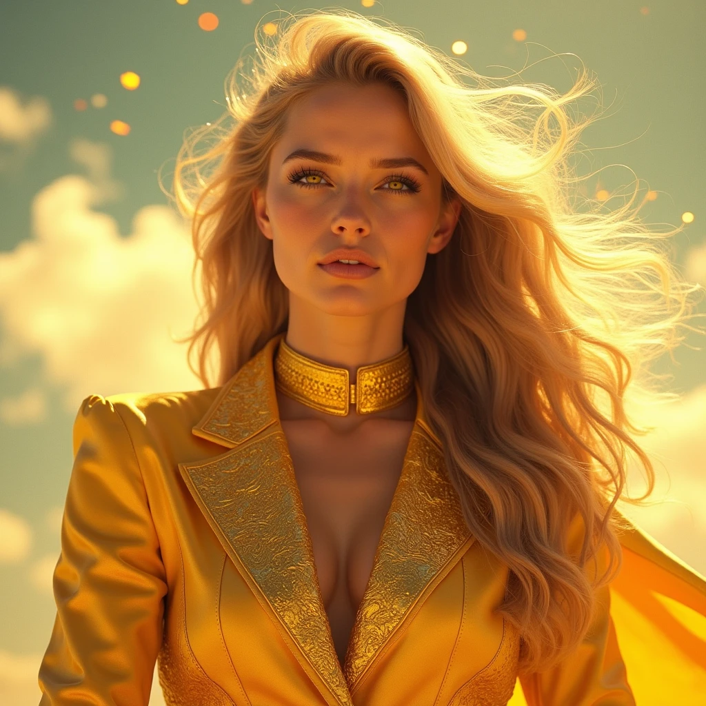 Girl, flowing golden blonde hair, yellow eyes, golden imperial suit, neckline, cheered up, The background is a clear sky with flashing lights, dynamic angle, arrogant laugh, romantic, in the style of Stanley Kubrick, pastel, dramatic, --c 69
