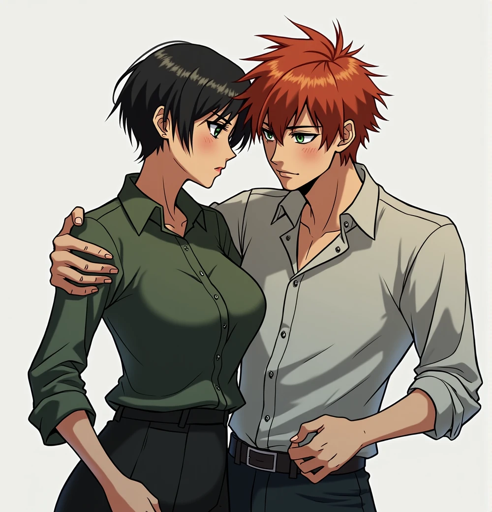 2 people, Handsome guy with red hair, green eyes, Freckles, He hugs a woman with very short black hair and black eyes., serious face, anime art, realistically, masterpiece, Beautiful, realistically