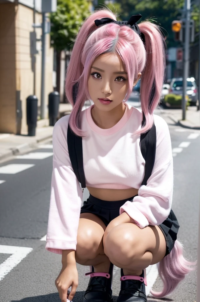 Japanese cute black gal wearing a cropped white Y-shirt and a black mini skirt, squatting with legs apart, ((twin tail hair)), ((Pink hair)), (Wavy hair), (Wearing a black ribbon), (Orange Skin), (Light brown eyes), ((Heavy makeup)), (in the street), (((realistic))), (((High resolution)))