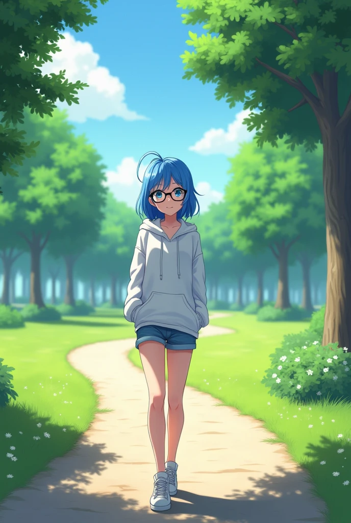 An anime character with blue hair, wearing thick glasses, a white hoodie, short denim shorts, and white sneakers, is taking a stroll in the park.