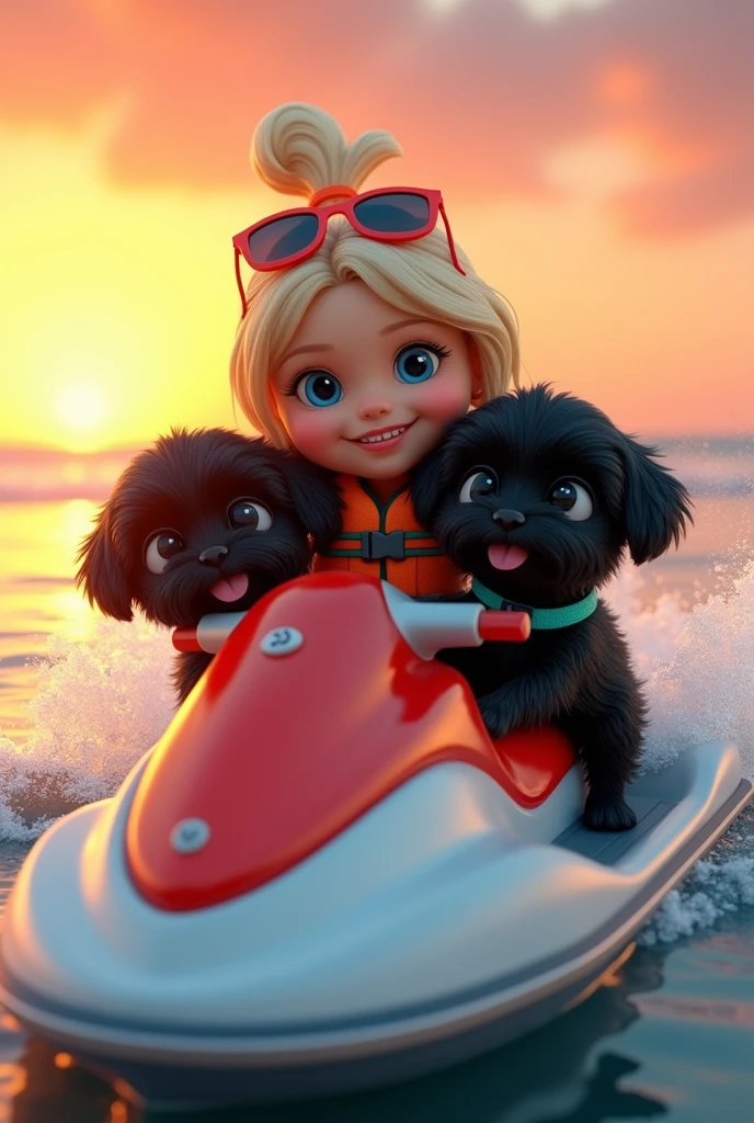 2 adorable black shih tzu puppies,cute blonde girl,extremely detailed,big blue eyes,colorful collar and life jackets,wearing sunglasses,riding jet ski,3D Pixar style,at beach,sunrise in background,photorealistic,(best quality,8k,highres,masterpiece:1.2),ultra-detailed,(realistic:1.37),HDR,vivid colors,studio lighting