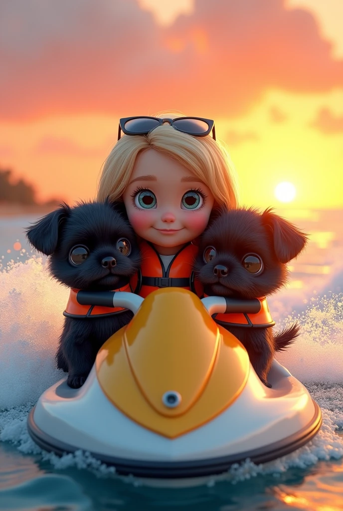 2 adorable black shih tzu puppies,cute blonde girl,extremely detailed,big blue eyes,colorful collar and life jackets,wearing sunglasses,riding jet ski,3D Pixar style,at beach,sunrise in background,photorealistic,(best quality,8k,highres,masterpiece:1.2),ultra-detailed,(realistic:1.37),HDR,vivid colors,studio lighting