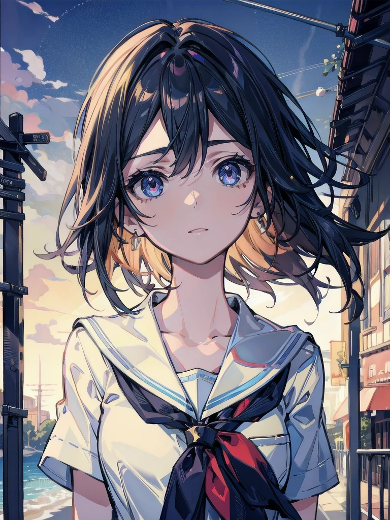 (best quality), (Super detailed), (Best Illustration), (masterpiece), (woman), {(white serafuku:1.2)}, (large breasts:1.2), {brown hair, (sideburns), (bob cut:1.3), curly hair, hairs between eyes, colored inner hair}, {(detailed eyes), blue eyes}, blush, earring, wind, botanical city