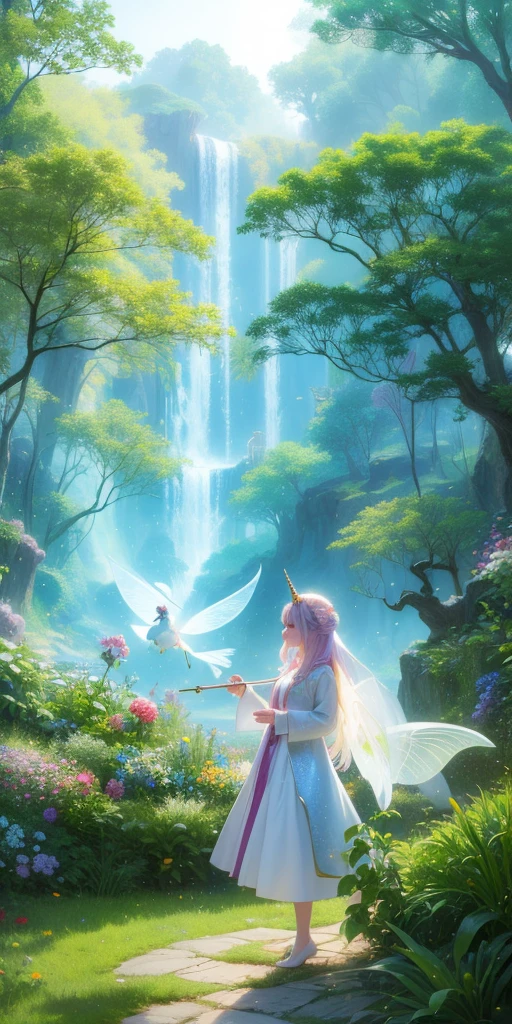 Fairy tale world, Wonderland, ((Tyndall effect)), Giant Tree, Golden beam, Fantasy Creatures, Fairy, unicorn, Talking animals, Sweet floral aroma, Sweet birdsong, dappled shadow, Wearing a white robe, Magic Wand, Colorful light spots, Far away magical country, imagination, secret, adventure