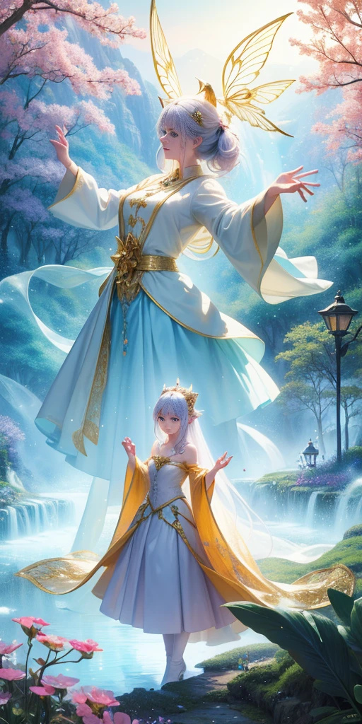 Fairy tale world, Wonderland, ((Tyndall effect)), Giant Tree, Golden beam, Fantasy Creatures, Fairy, unicorn, Talking animals, Sweet floral aroma, Sweet birdsong, dappled shadow, Wearing a white robe, Magic Wand, Colorful light spots, Far away magical country, imagination, secret, adventure