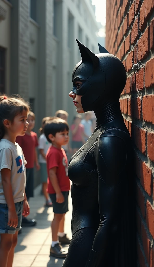 La qualité de l'image est réaliste, un super-héros DC black cat regarde un groupe de jeunes enfants à travers un mur d'école.