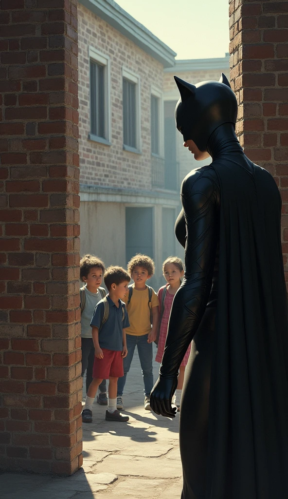 La qualité de l'image est réaliste, un super-héros DC black cat regarde un groupe de jeunes enfants à travers un mur d'école.