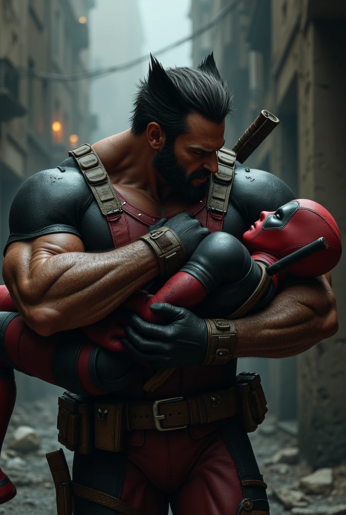 Wolverine is carrying Deadpool in his arms