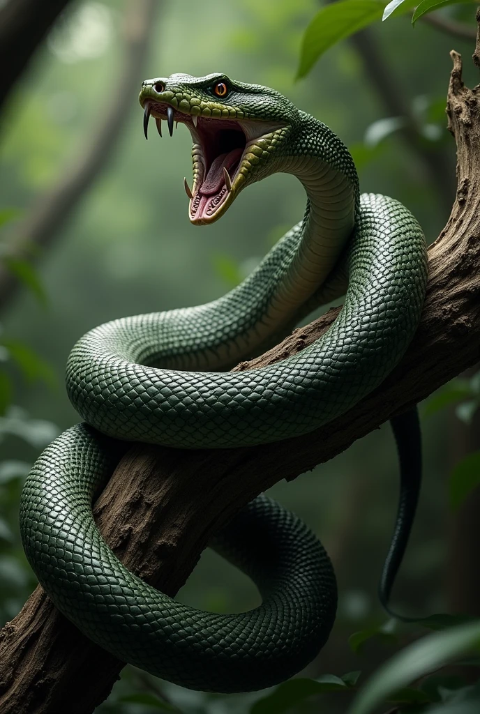 Snake where it slithers over a branch and hisses so that you can see its fangs and its whole body sideways