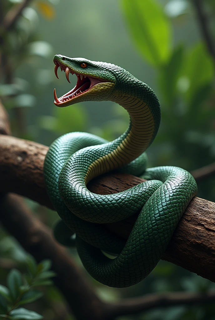 Snake where it slithers over a branch and hisses so that you can see its fangs and its whole body sideways