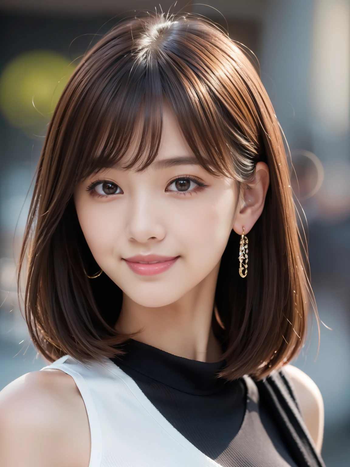 Ultra High Definition, Superior Quality, Premier Quality, ultra detailed, Photorealistic, 8k, RAW Photos, highest quality, masterpiece, Attractive girl, Stunning girl, Impish Smile, Brown Hair, Shoulder Length Layered, asymmetrical bangs, K-pop Idol, Sophisticated girl, Black knit, Shibuya,