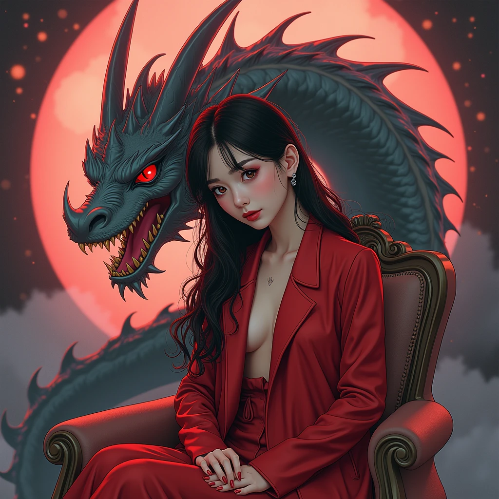 A woman in a red coat sitting on a chair with a dragon, popular en ArtStation Pixiv, detailed anime artwork, detailed digital anime art, Magnificent CGI anime style complex, guvez at the pixiv art station, guvez on pixiv, anime fantasy illustration, detailed anime art, clean detailed anime art, Detailed key anime art, micro open red lip, nudeRomantic, in the style of Stanley Kubrick, pastel, dramatic, --c 69