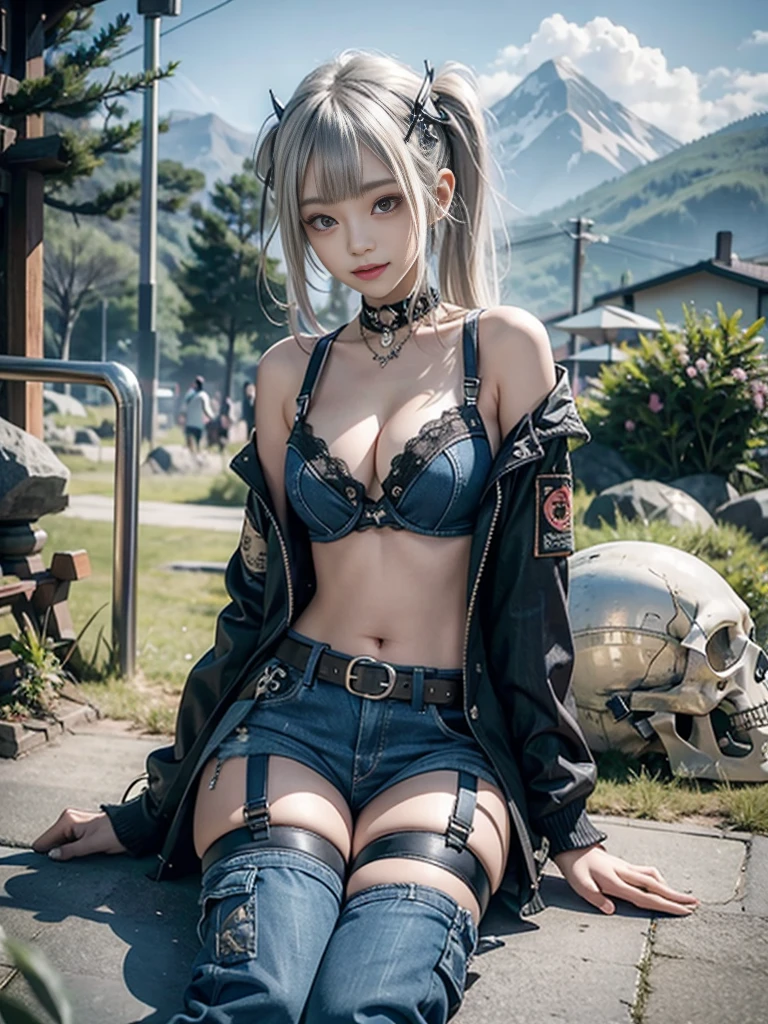 (Beautiful lips and nose:1.4)、(Long eyelashes:1.4)、(Smiling with teeth showing:1.3),(Shibuya Gal:1.5)、(Goth delicate embellished dress:1.5)、(Tattered denim and black punk rock cargo pants:1.5)、(Denim and black navy skull mark small jacket:1.4)、(denim garter belt:1.5)、(Black and denim knee socks:1.3)、(Skull Silver Accessories:1.5)、(Denim collar:1.3)、(hair band:1.3)、(Brown Skin Belt:1.4)、(Brown boots:1.2)、(The underwear is striped:1.4)、31 years old、((Highest quality、In 8K、masterpiece:1.3))、Sharp focus:1.2、(Layered Cut、Huge boobs:1.1),Beautiful woman with perfect figure:1.4、(Dancing vigorously:1.3)、Slender Abs:1.2、Highly detailed face and skin texture、Detailed eyes、double eyelid,(Twin tails:1.3)、(Cream colored hair:1.3)、Gravure idol、(The background is a vast mountain with a clear view々Beautiful luxury resort destination in Europe:1.3)、(Slim Body:1.2),(Make your legs thinner:1.4),(clavicle:1.1)
